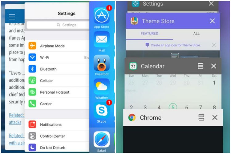 Contoh recent apps iOS (kiri) dan Android (kanan)